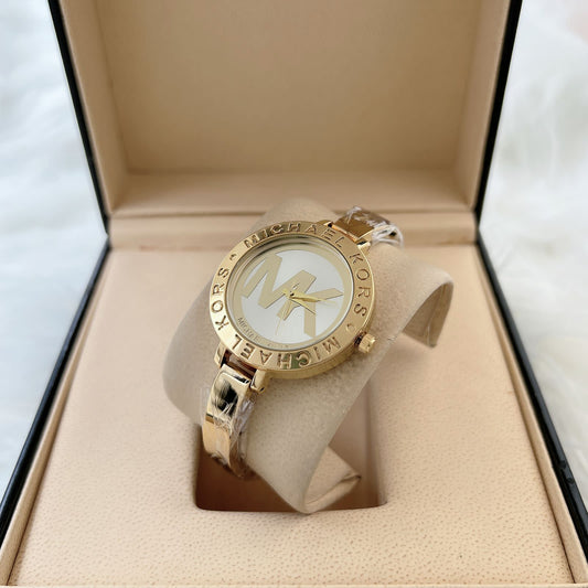 Women Gold White Dial Stainless Steel Analog Bangle Watch